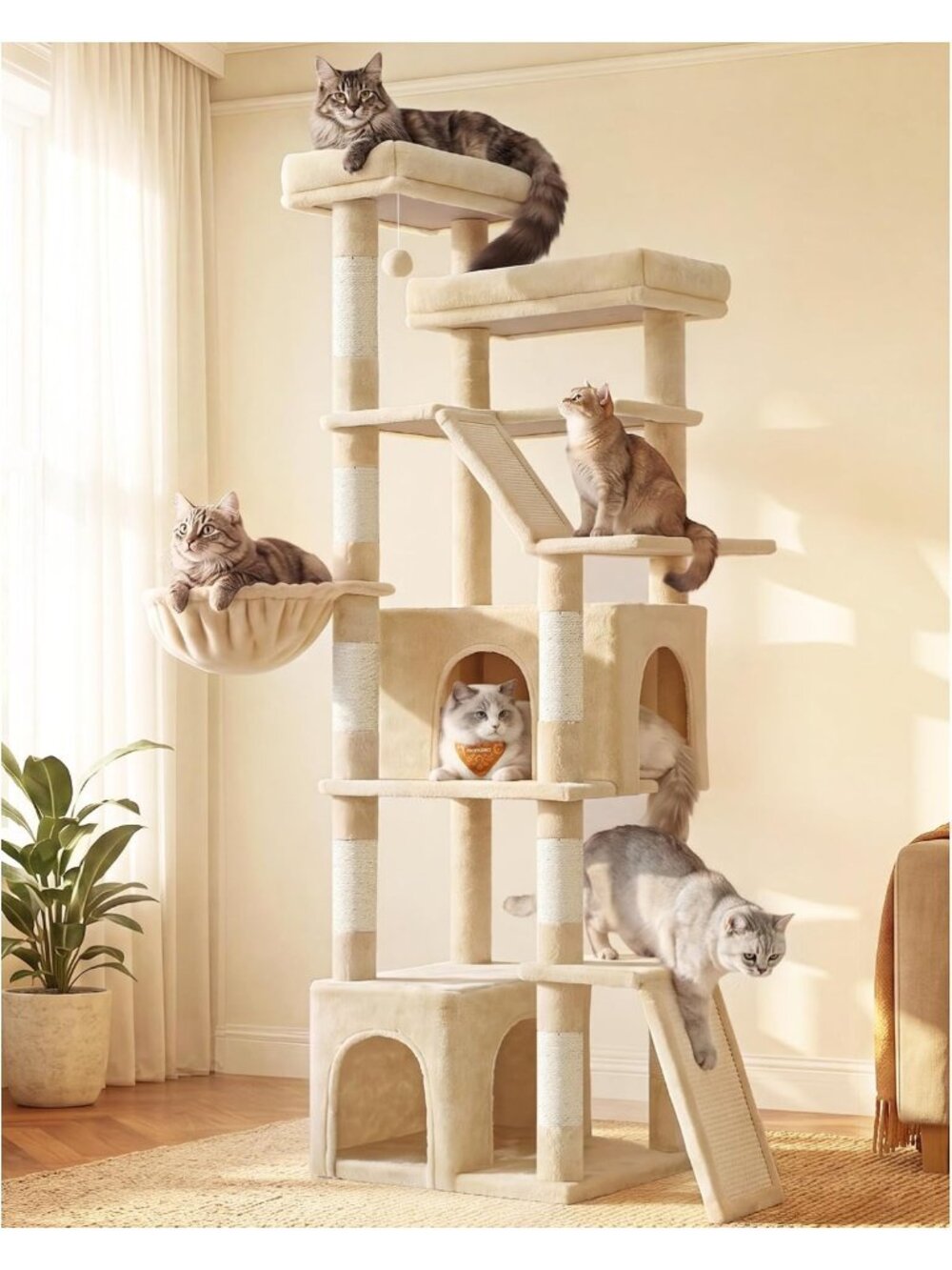 Large 72.6" Cat Tree Tower - Sturdy Indoor Cat Furniture, Beige Color